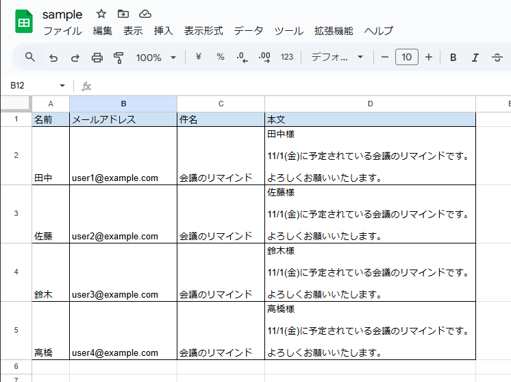 gmailの下書き作成のサンプルデータの表