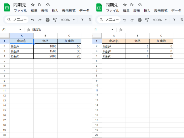 同期元と同期先のスプレッドシートのサンプル